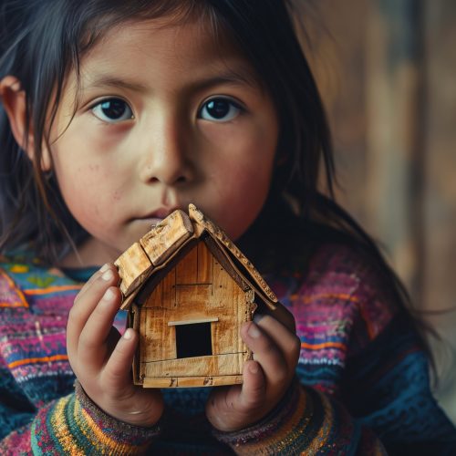 A very realistic analog-style photograph of a sad, young Peruvian girl, holding a small wooden house in her hand, illustrating housing problems. --ar 3:2 --style raw --v 6 Job ID: e0fd206c-41d9-4f37-9ec4-3b78ebe01d80